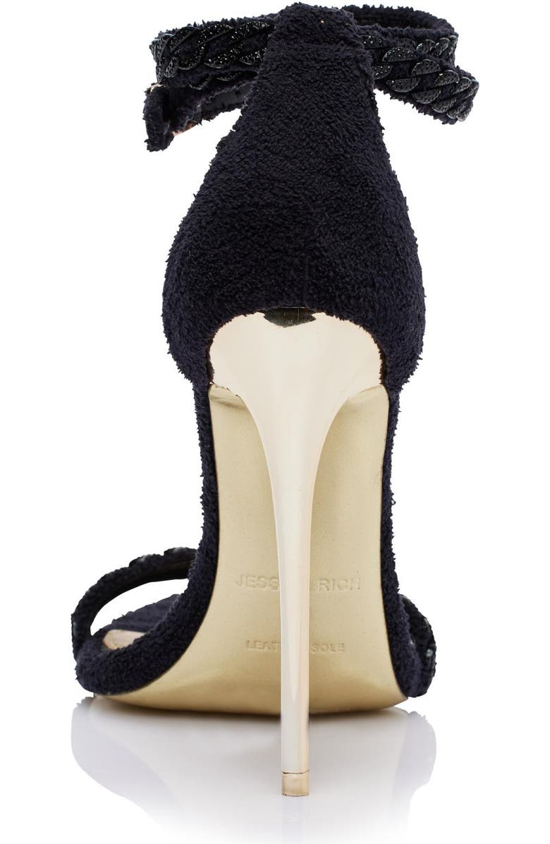 JESSICA RICH This iconic line of must-have heels blends elegance with modern flair, offering the perfect statement piece for any wardrobe. One of the most unique designs in this collection is The Lisa Sandal. This shoe is equal parts cozy and classy with its terry cloth fabric and monochromatic diamanté chain embellishments., Alternate, color, Noir