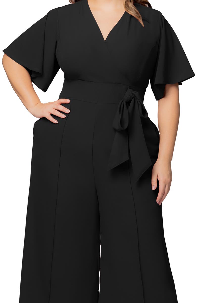 Kiyonna Evelyn Wide Leg Crop Jumpsuit, Alternate, color, Black Noir