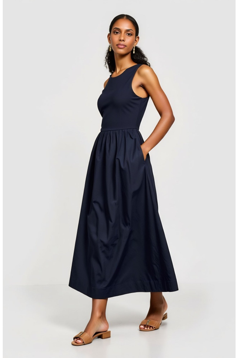 Sleeveless Fit-and-Flare Maxi Dress with Seam Waist and Side Pockets, Alternate, color, Navy Blue