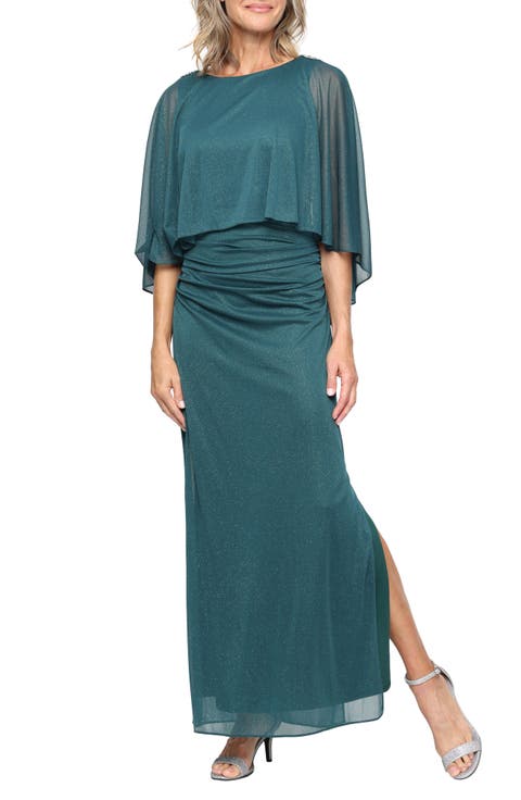 Long Column Dress with Cold Shoulder Capelet