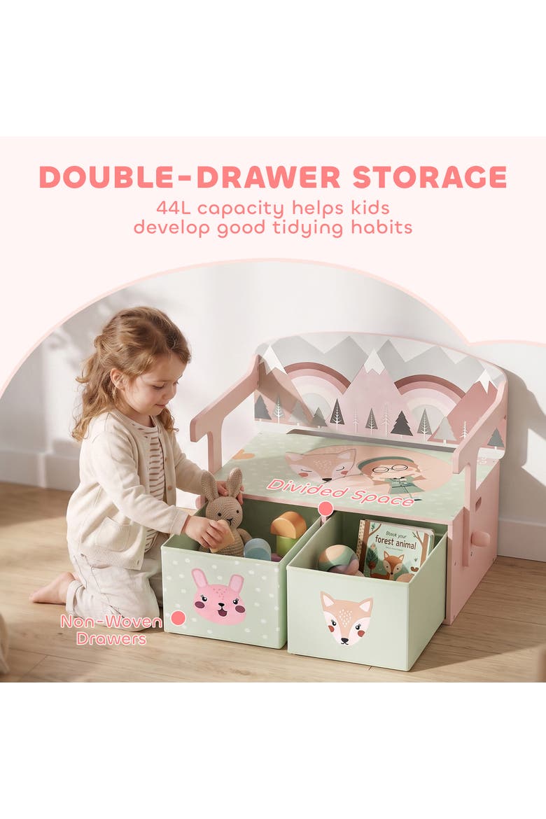 Kids Toy Box Chest, 3-in-1 Convertible Storage Chest with 2 Non-Woven Drawers for Bedroom, Kids Room, Wooden Toy Box Gift for Ages 3-6, Pink, Alternate, color, Pink