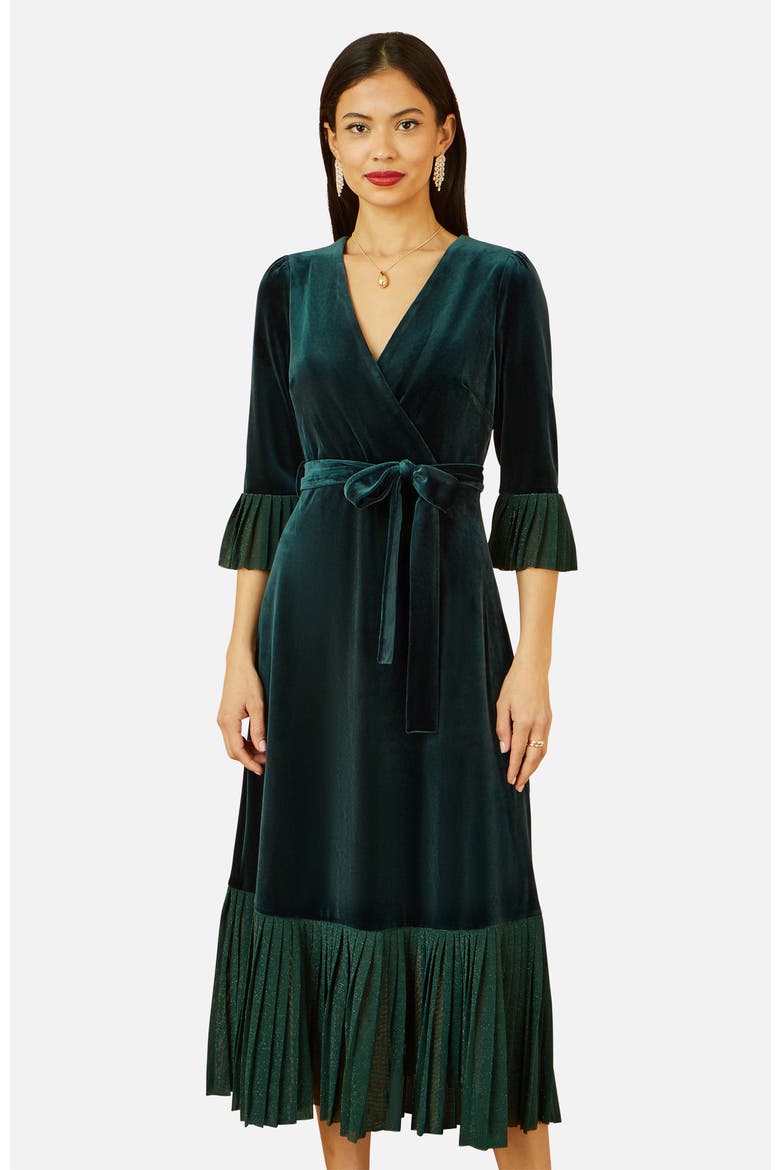 Velvet Wrap V-Neck Midi Dress, Alternate, color, Green