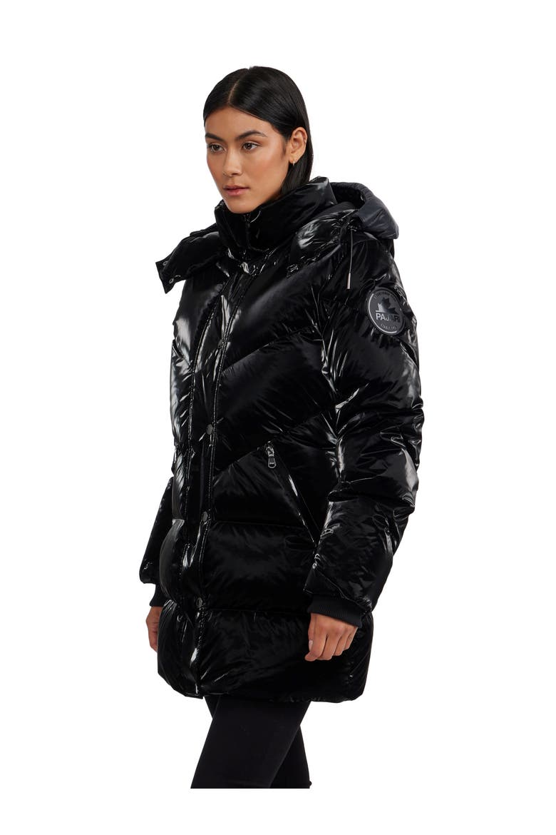 Women's Estelle Mixed Chevron Quilted Puffer with Detachable Hood, Alternate, color, Black