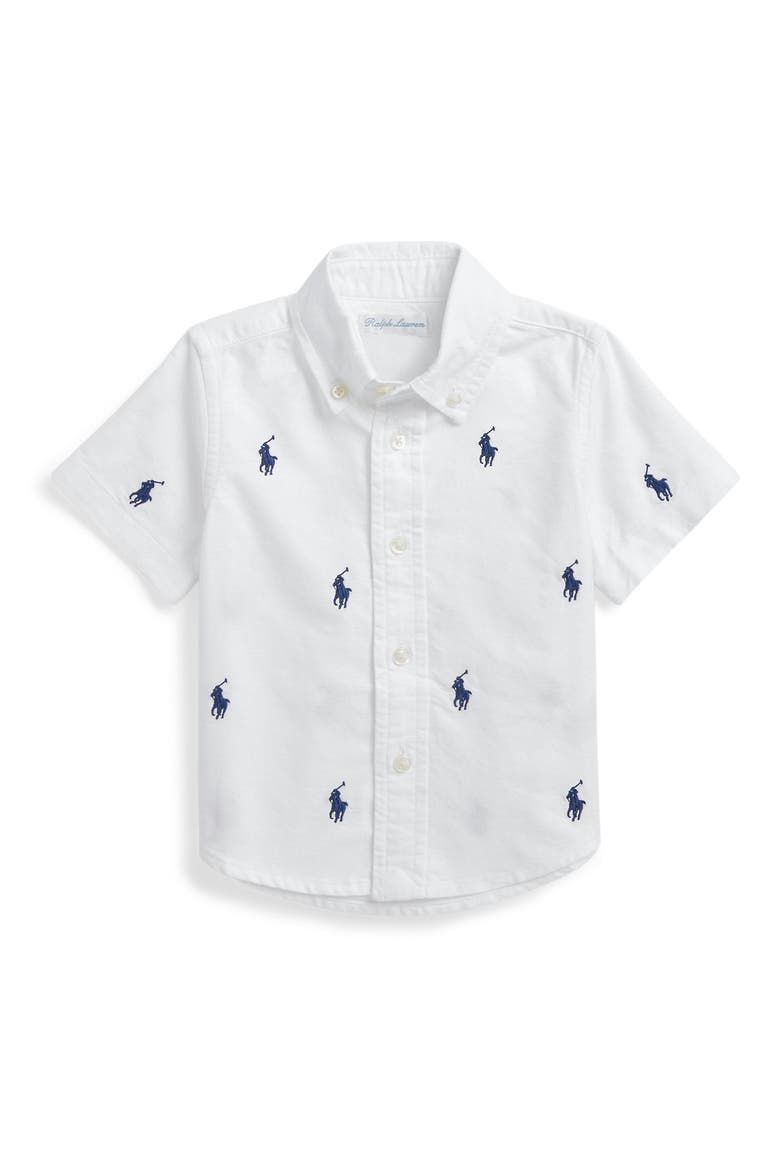 Embroidered Short Sleeve Cotton Button-Down Shirt, Main, color, WHITE