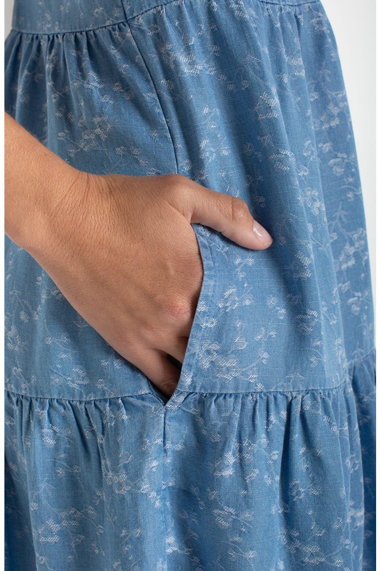Tiered Floral Flutter Sleeve Denim Dress, Alternate, color, INDIGO ROSES