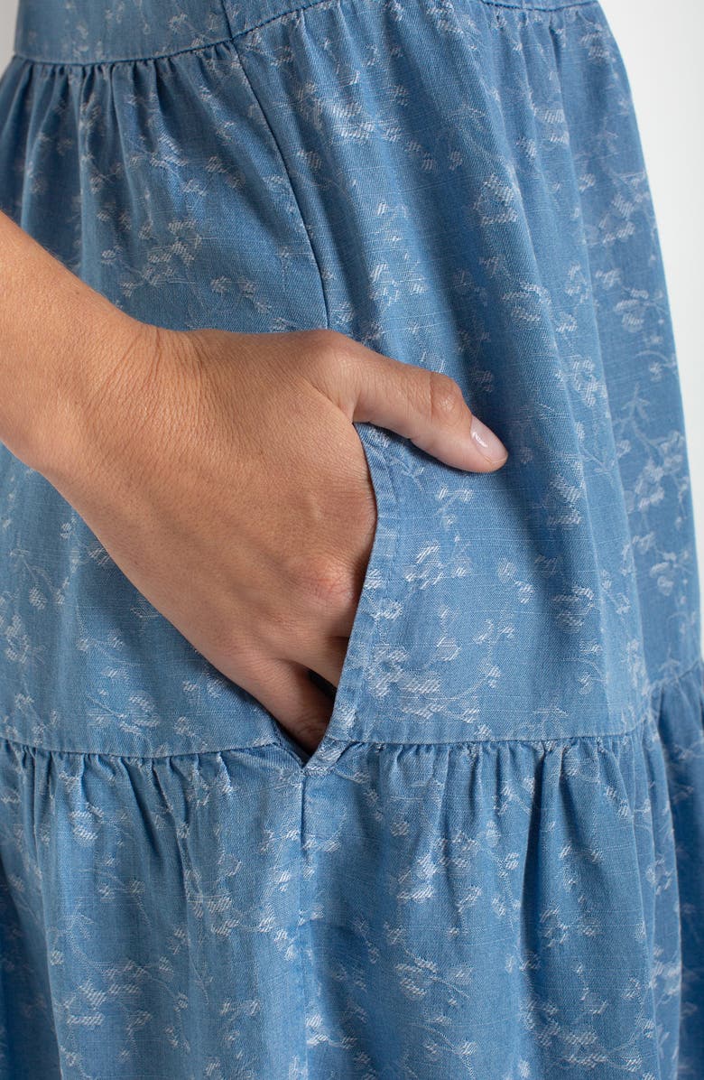 Liverpool Los Angeles Tiered Floral Flutter Sleeve Denim Dress, Alternate, color, Indigo Roses