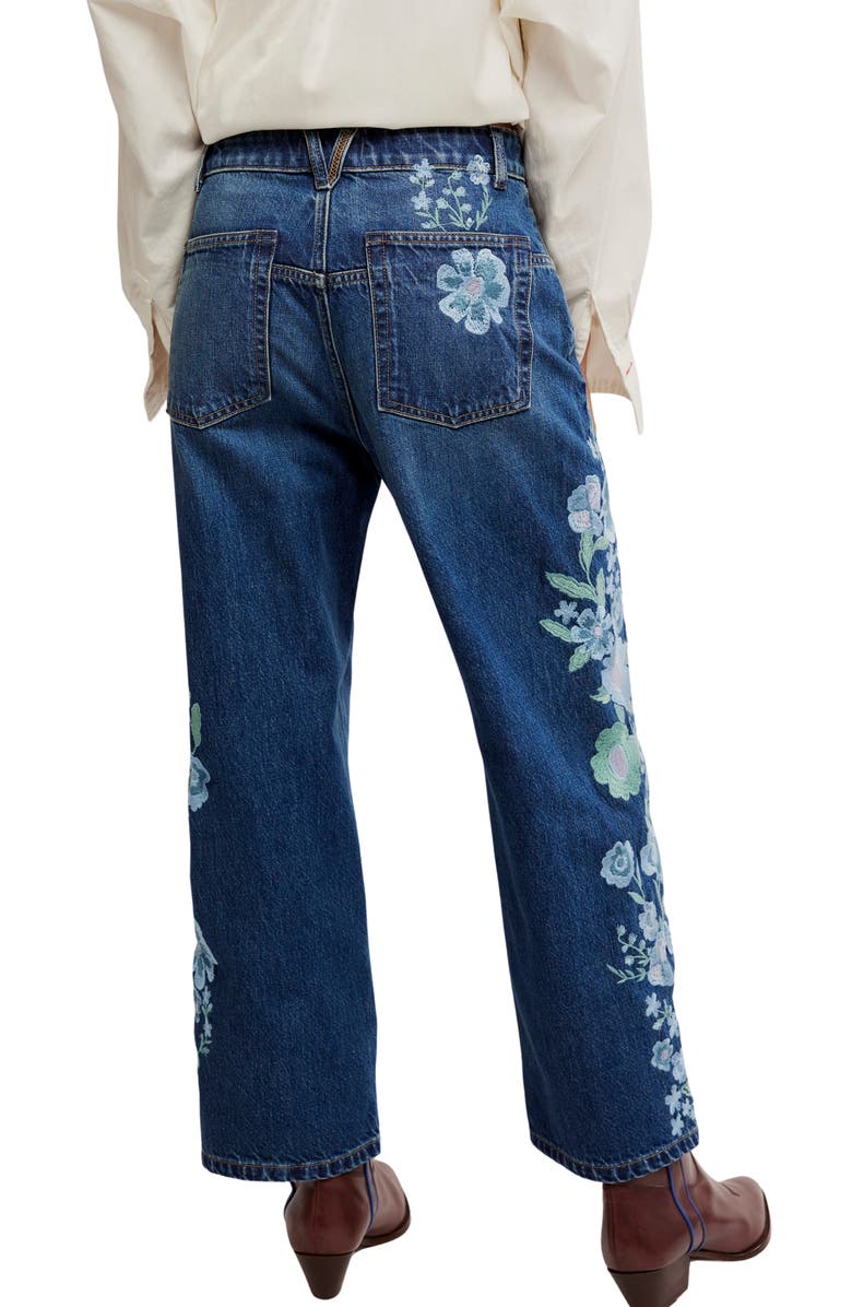 Free People Deep Trance Floral Embroidered Nonstretch Wide Leg Jeans, Alternate, color, Forget Me Not
