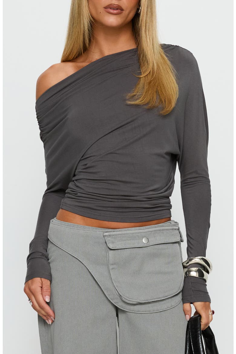 Party Hour Ruched One-Shoulder Long Sleeve Top, Main, color, CHARCOAL