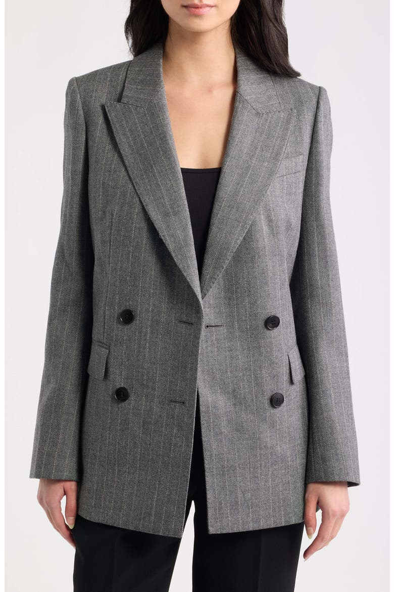 Astrid Pinstripe Herringbone Double Breasted Wool Blazer, Main, color, GREY