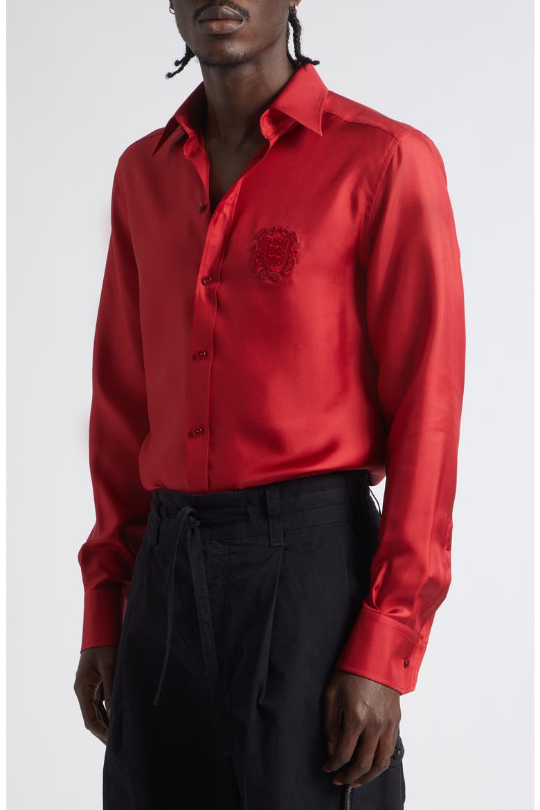 Martini Fit Embroidered Crest Silk Twill Button-Up Shirt, Alternate, color, R0012 ROSSO SCURO