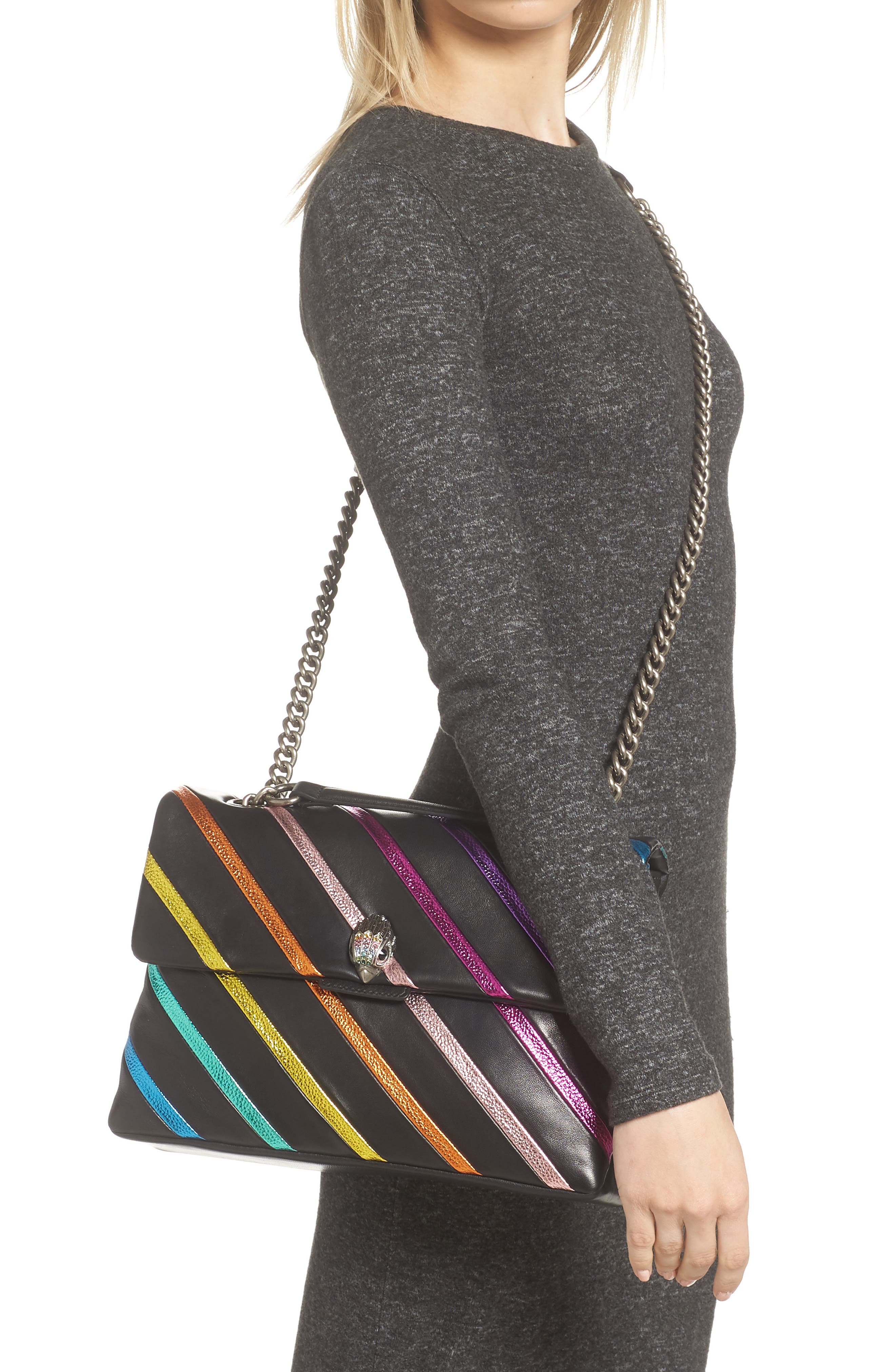 Kurt Geiger London Large Kensington Rainbow Stripe Leather Shoulder Bag, Alternate, color, 
