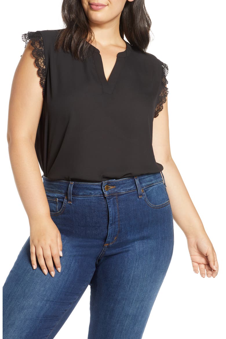 Gibson x City Safari Roselyn Weaver Split Neck Lace Trim Top, Main, color, BLACK