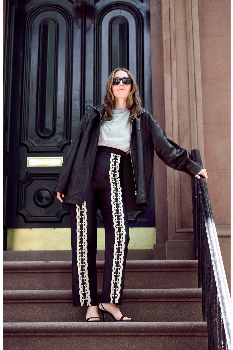 Nadja Embroidered Silk Trousers, Main, color, NOIR