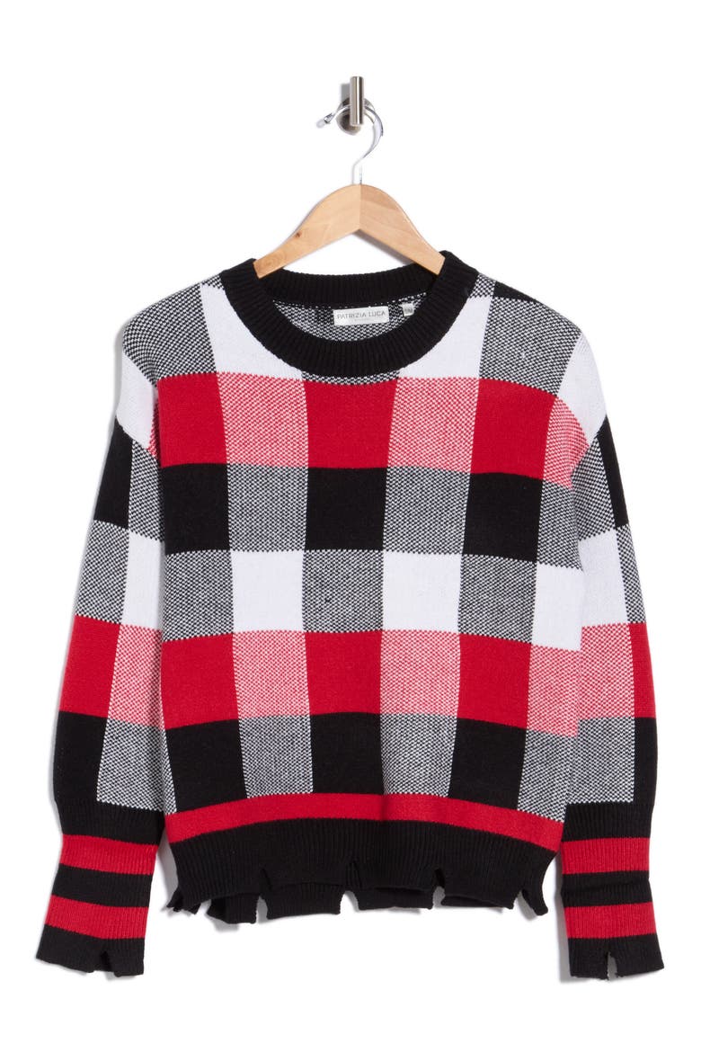 Plaid Distressed Crewneck Sweater, Alternate, color, RED