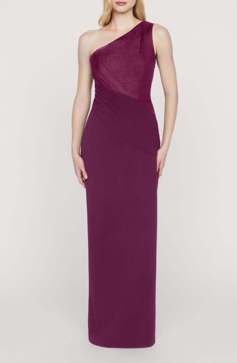 JS Collections Ingrid One-Shoulder Mixed Media Gown, Main, color, Violet Rose