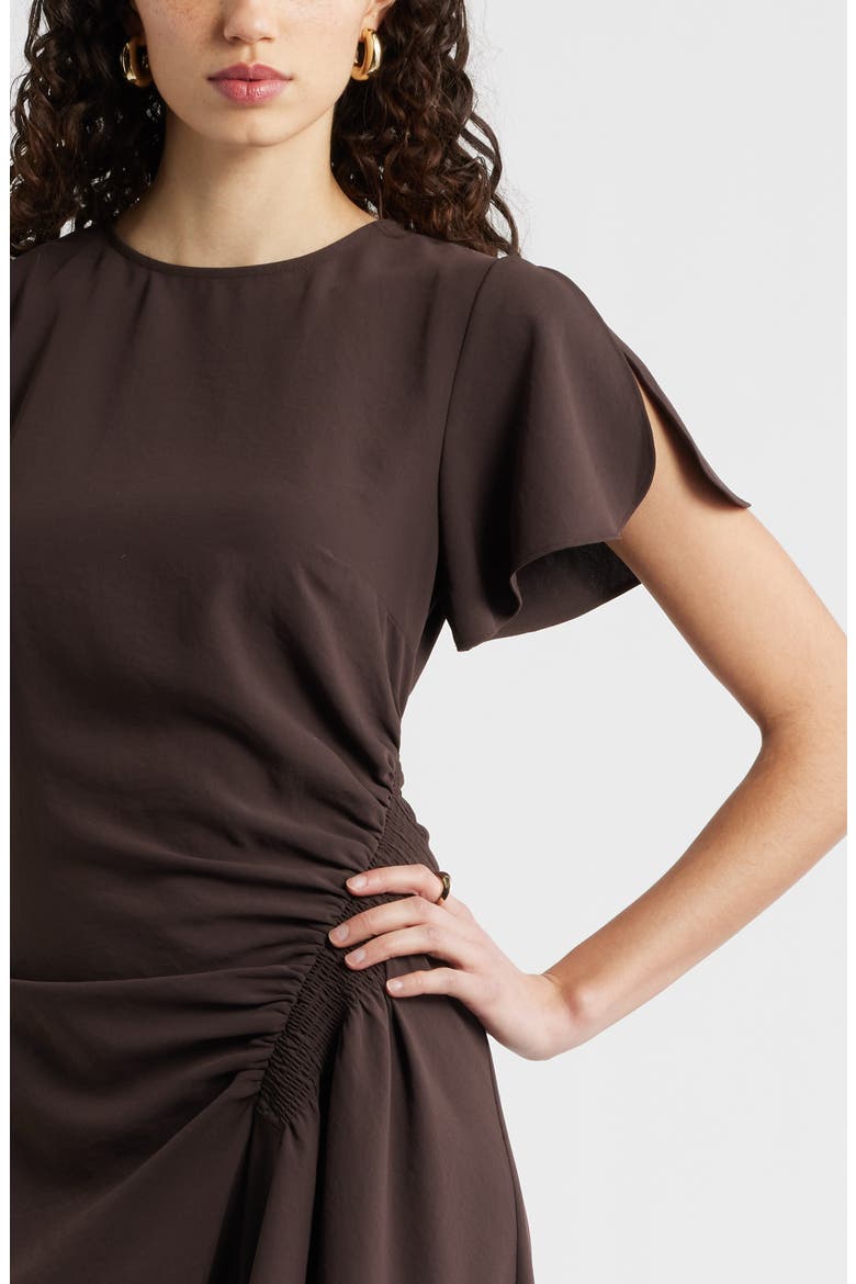 Split Sleeve Side Smocked Midi Dress, Alternate, color, BROWN COFFEE