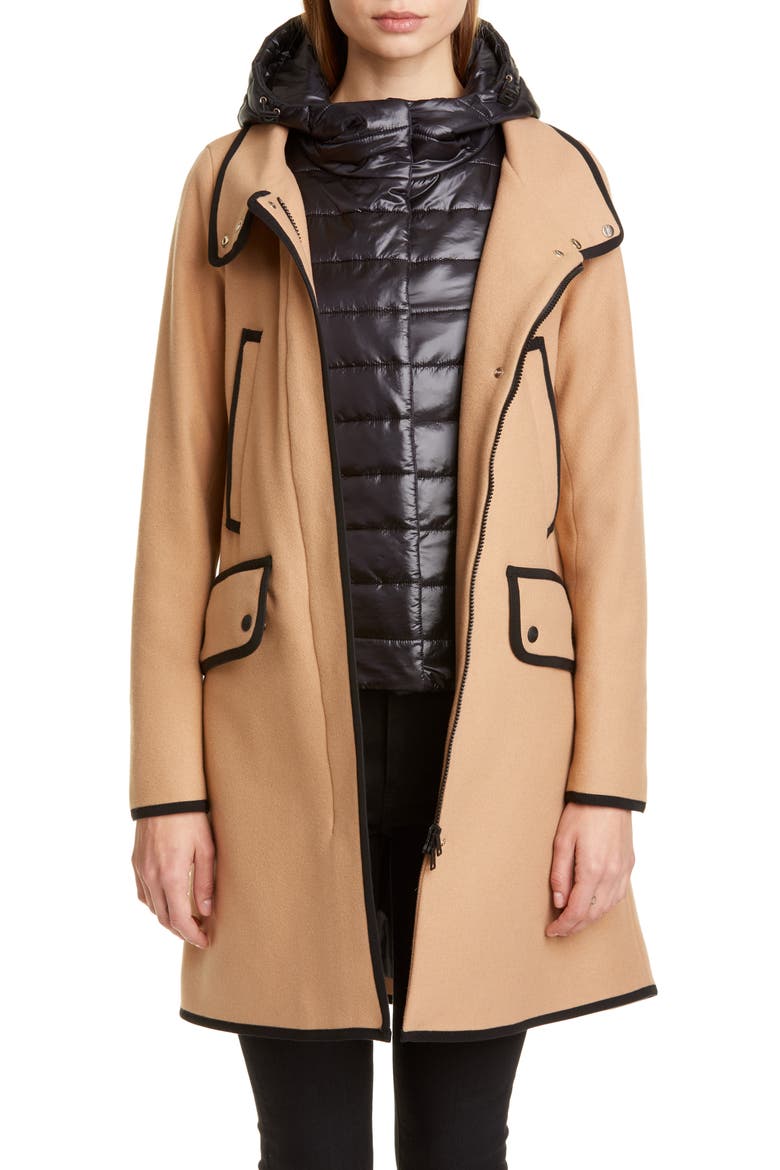 Contrast Trim A-Line Coat with Removable Windblocker, Main, color, CAMEL/ BLACK