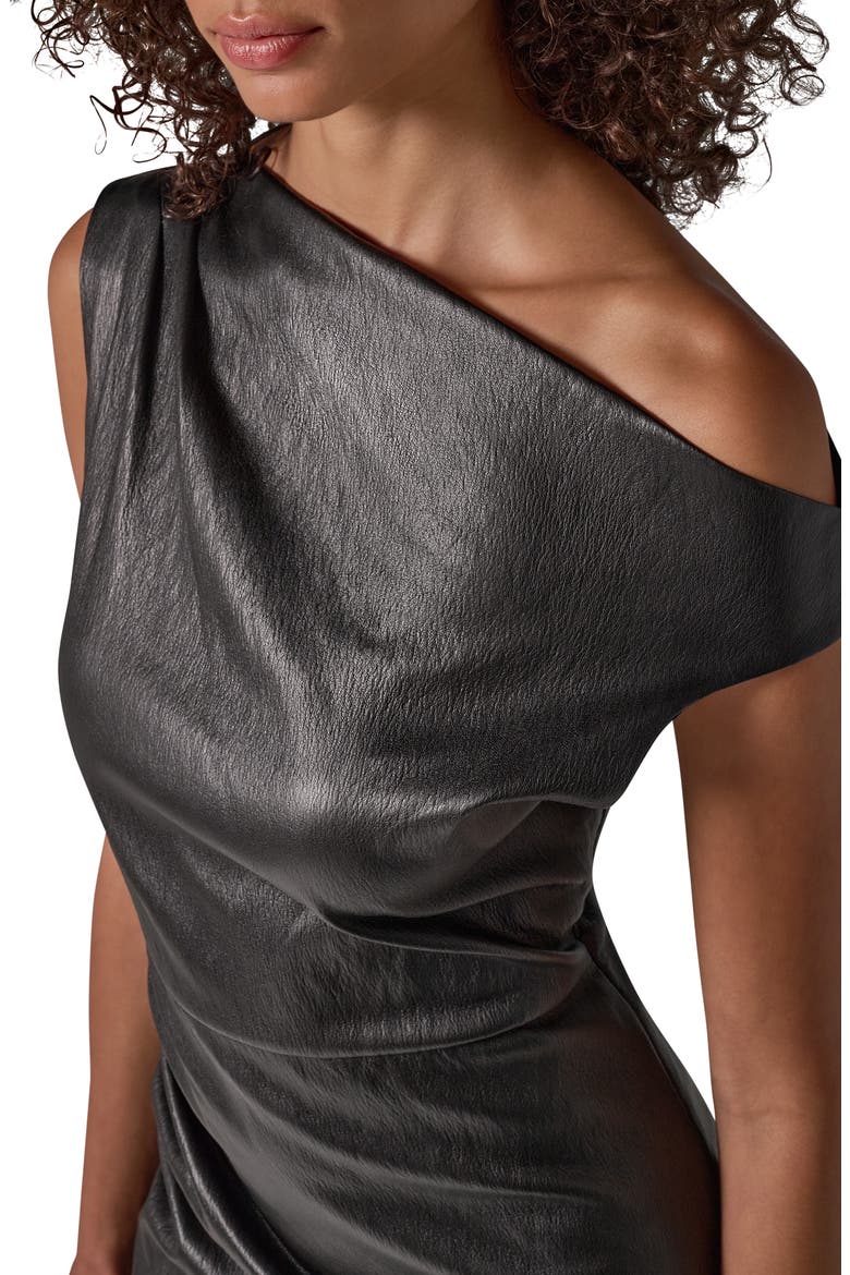 Asymmetric Drape Faux Leather Midi Dress, Alternate, color, BLACK