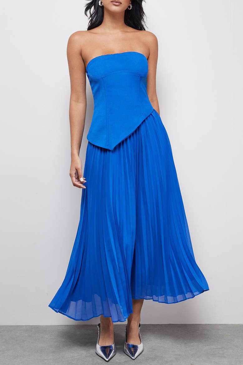 Bandeau Bodice Pleated Midi Dress, Alternate, color, Cobalt