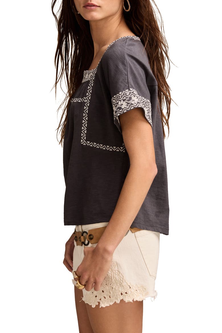 Embroidered Short Sleeve Cotton Peasant Top, Alternate, color, ASPHALT