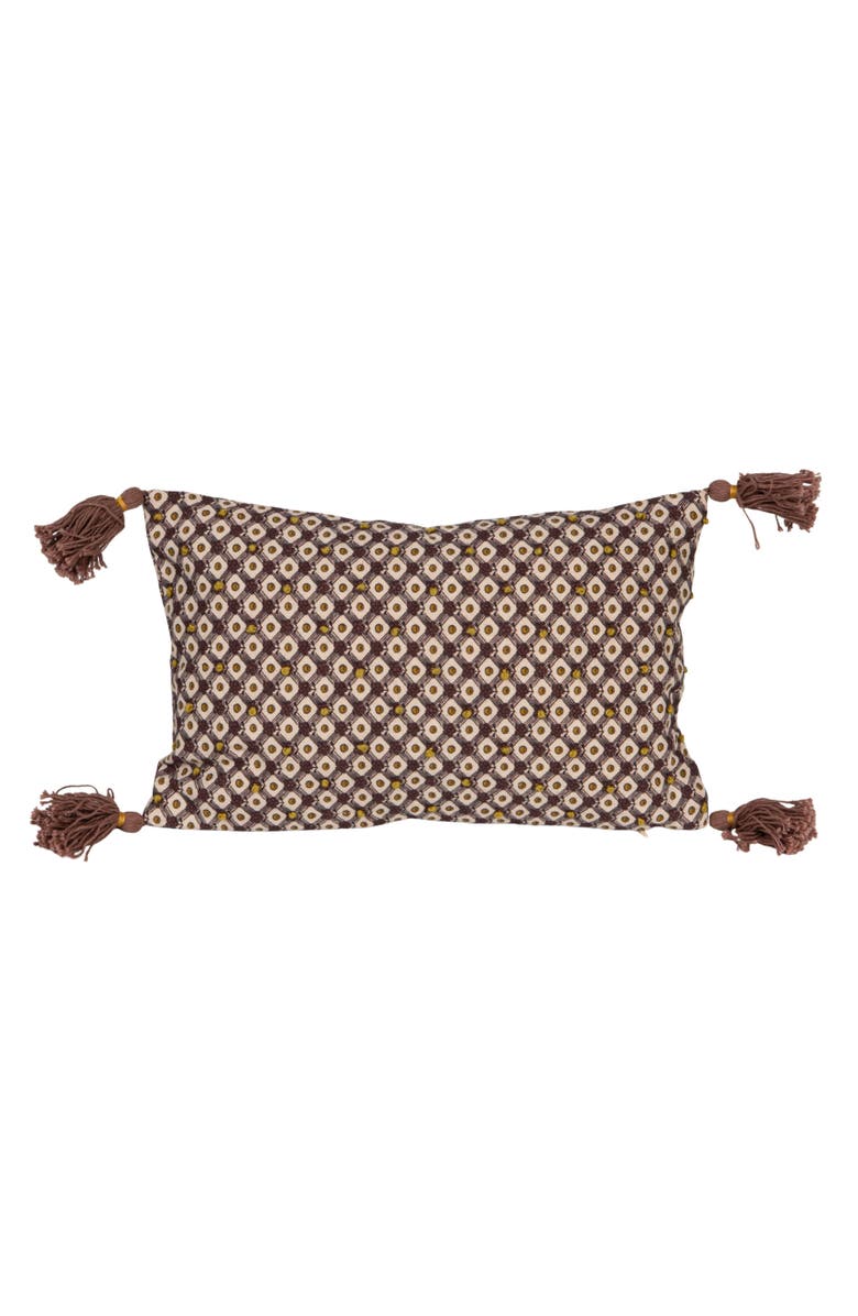 Storied Home Cotton Printed Lumbar Pillow with Tassels, French Knots and Pattern, Multicolor, Main, color, Brown