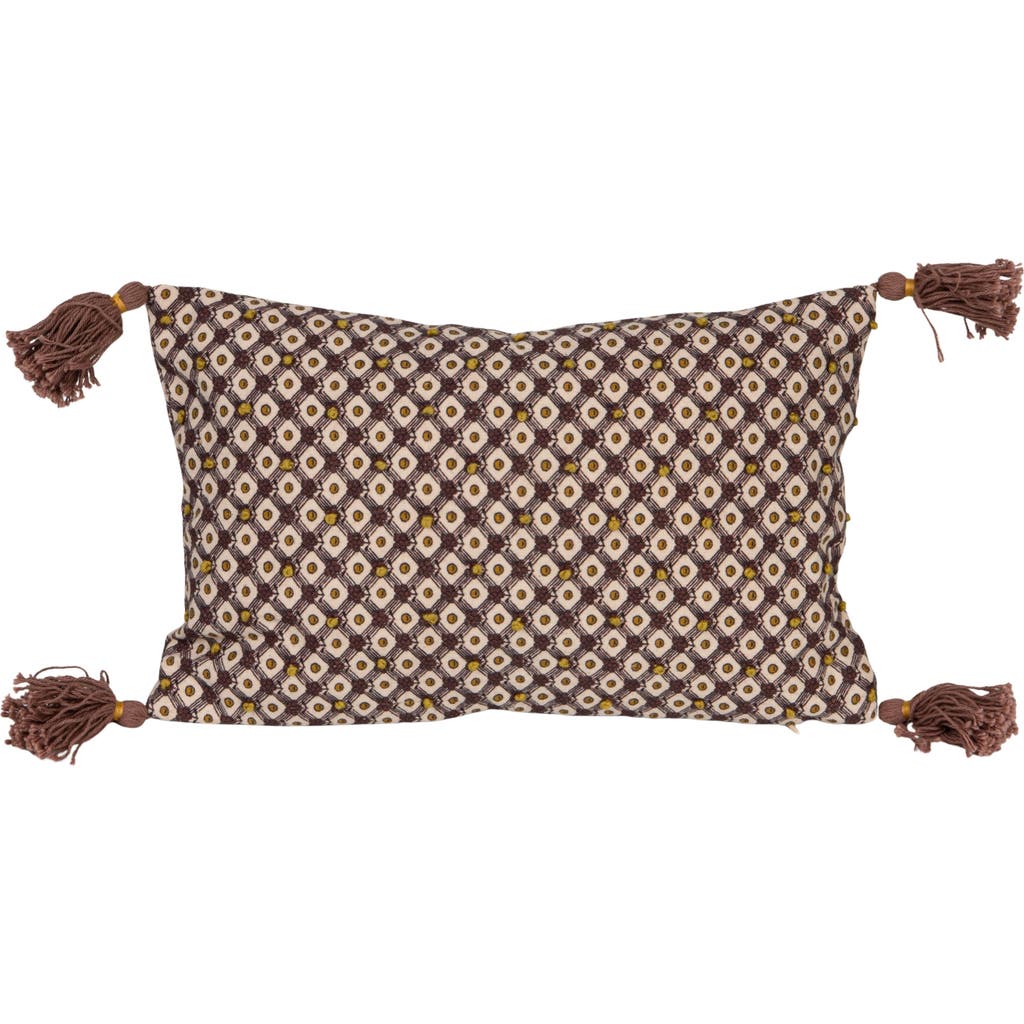 Storied Home Cotton Printed Lumbar Pillow With Tassels, French Knots And Pattern, Multicolor In Brown
