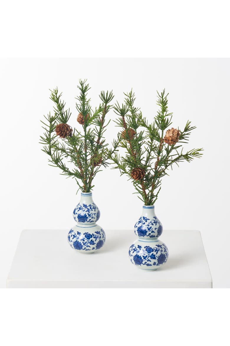 Classic Winter Pine & Faux Pinecone Mini Arrangement in Blue & White Chinoiserie Vase, Main, color, Green