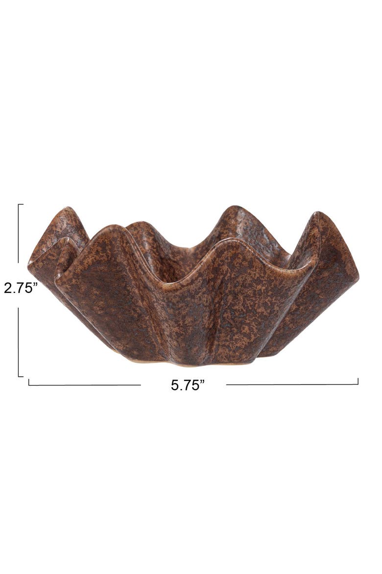 Round Stoneware Ruffled Bowl with Reactive Glaze, Brown, Alternate, color, Brown