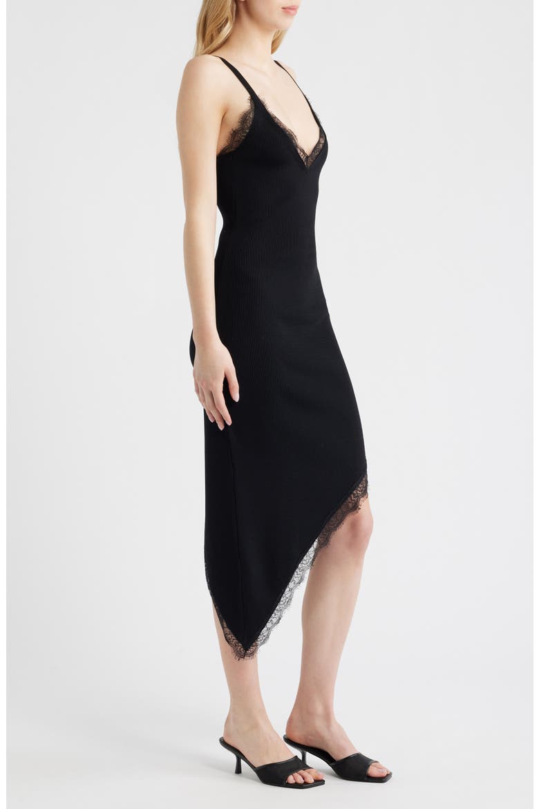 Asymmetric Lace Trim Rib Sweater Dress, Alternate, color, BLACK
