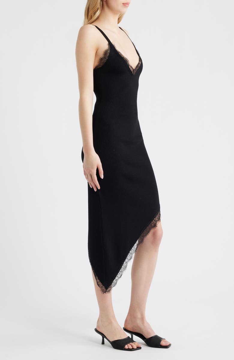 MANGO Asymmetric Lace Trim Rib Sweater Dress, Alternate, color, Black