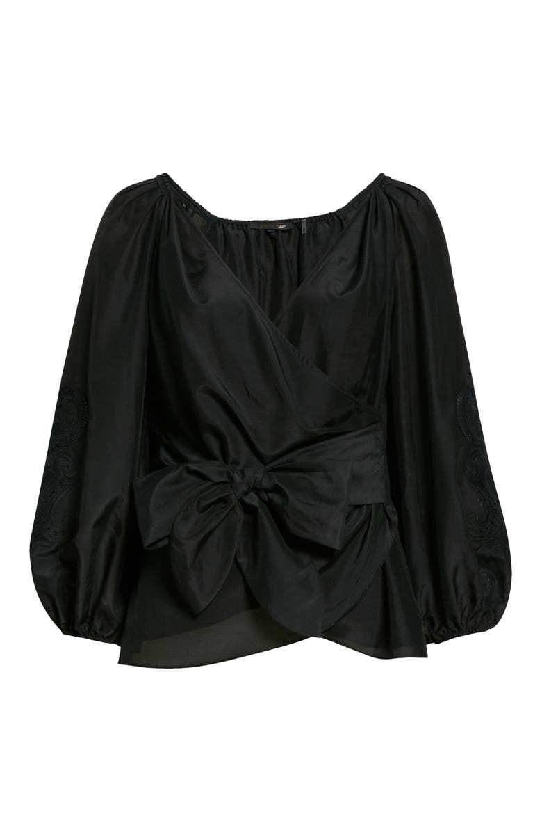 Norah Balloon Sleeve Cotton & Silk Wrap Blouse, Alternate, color, BLACK