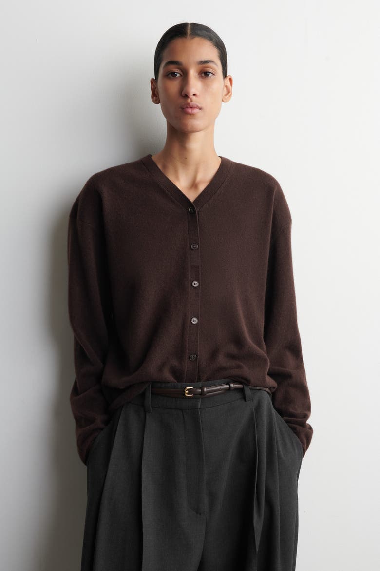 Merino Wool V-Neck Cardigan, Main, color, DARK BROWN