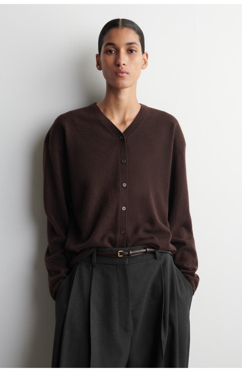 COS Merino Wool V-Neck Cardigan, Main, color, Dark Brown