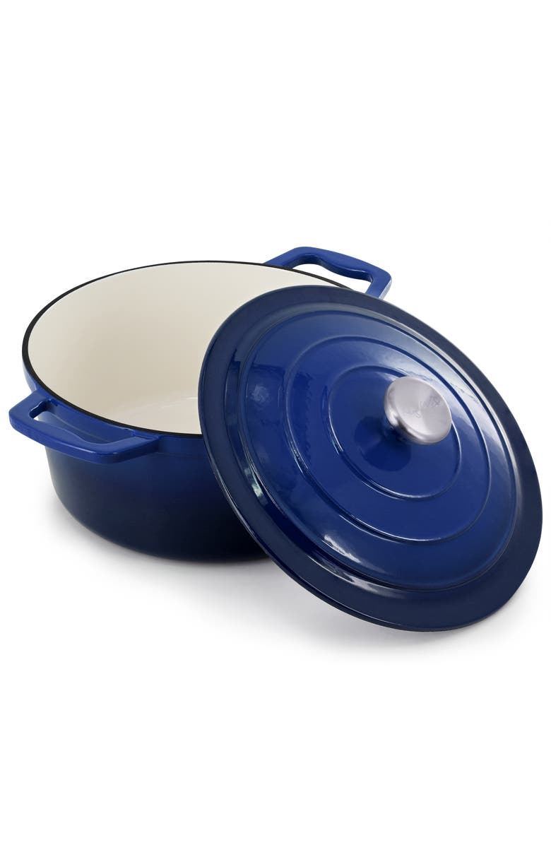 Megachef 5 Quarts Round Enameled Cast Iron Casserole with Lid, Alternate, color, Dark Blue