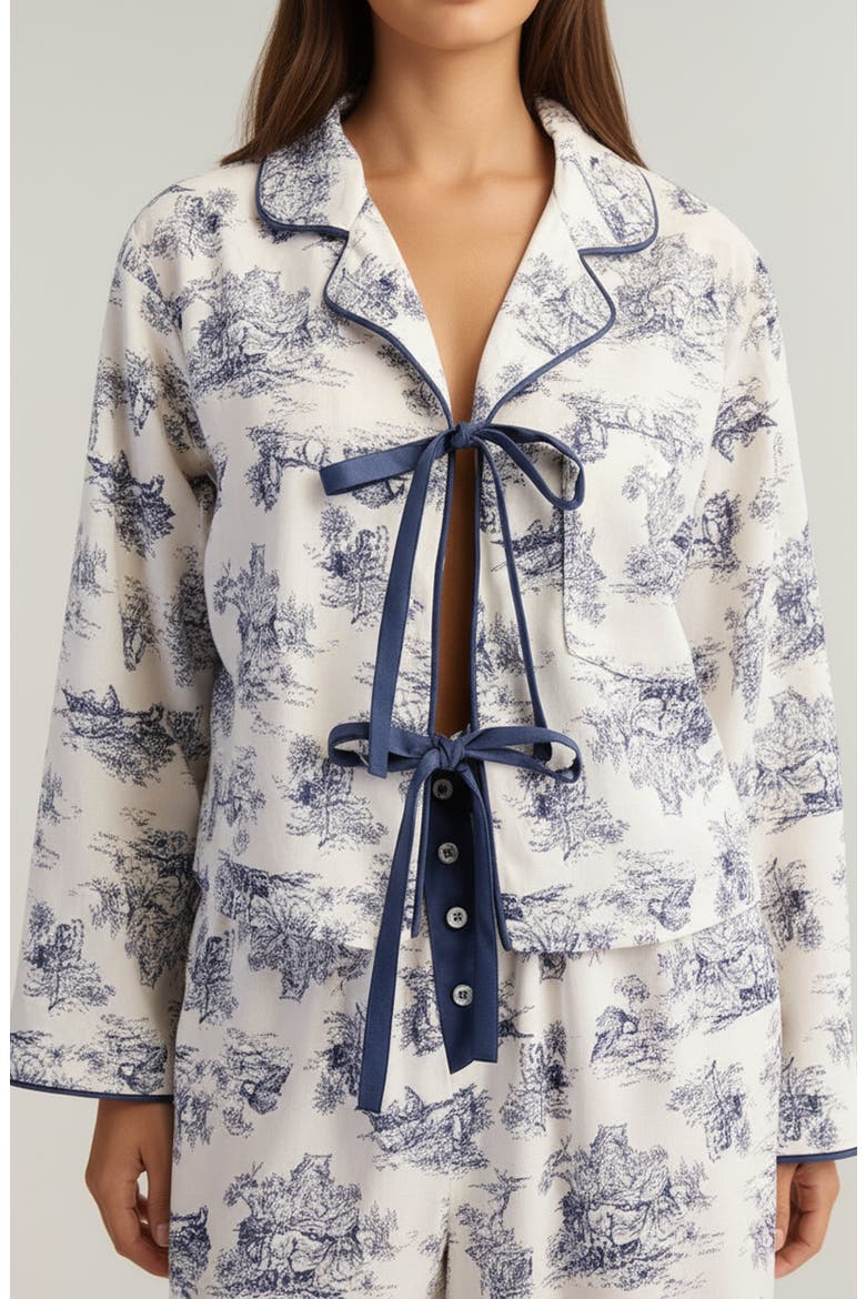 Printed Button-Up Pajama Set with Contrast Trim and Ribbon Tie, Alternate, color, Toile print
