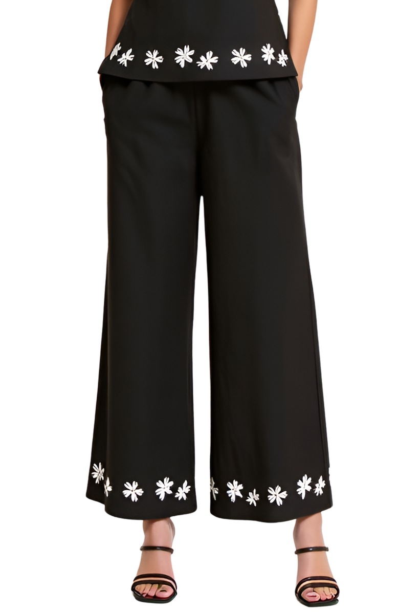 Modenaire Embroidered Camisole and Wide-Leg Pant Set with Floral Hem, Alternate, color, Black