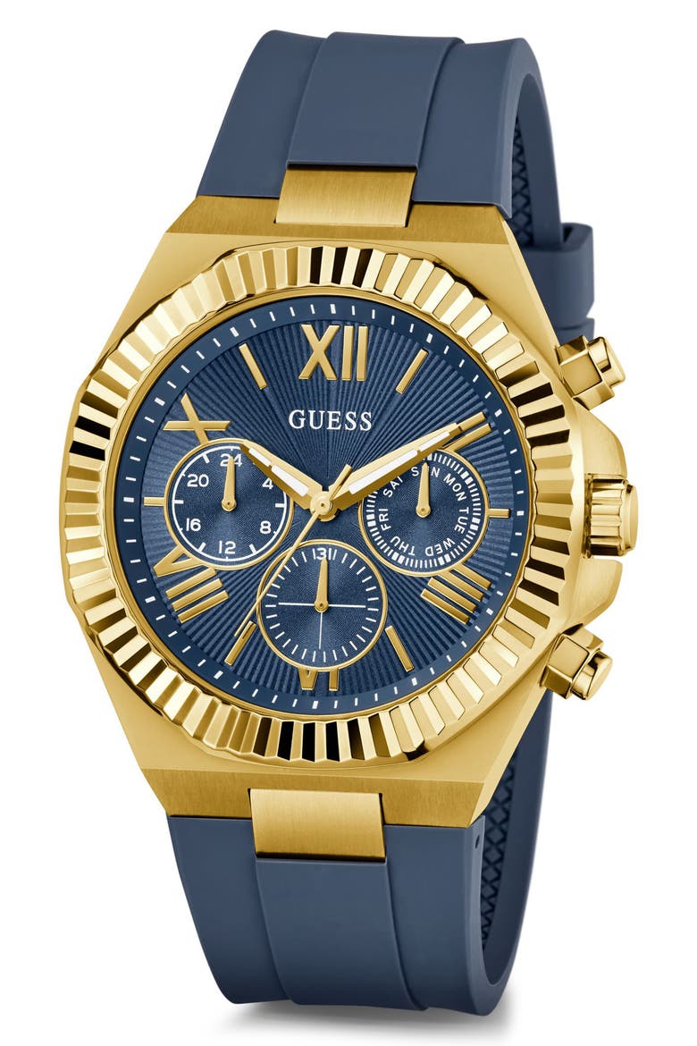 Round Silicone Strap Analog Watch, 44mm, Alternate, color, GOLD-TONE BLUE