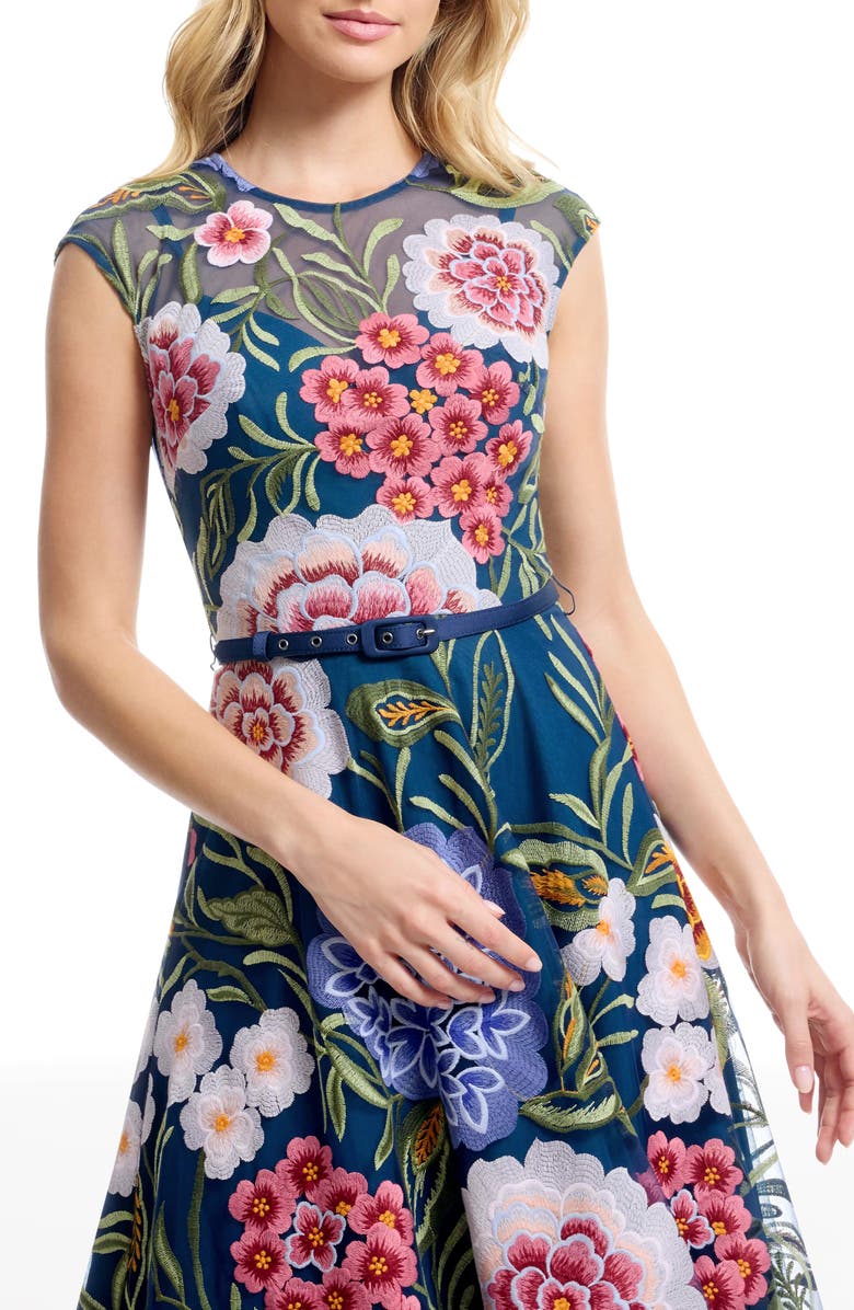 Dress the Population Serenity Floral Embroidery Cocktail Midi Dress, Alternate, color, Navy Multi
