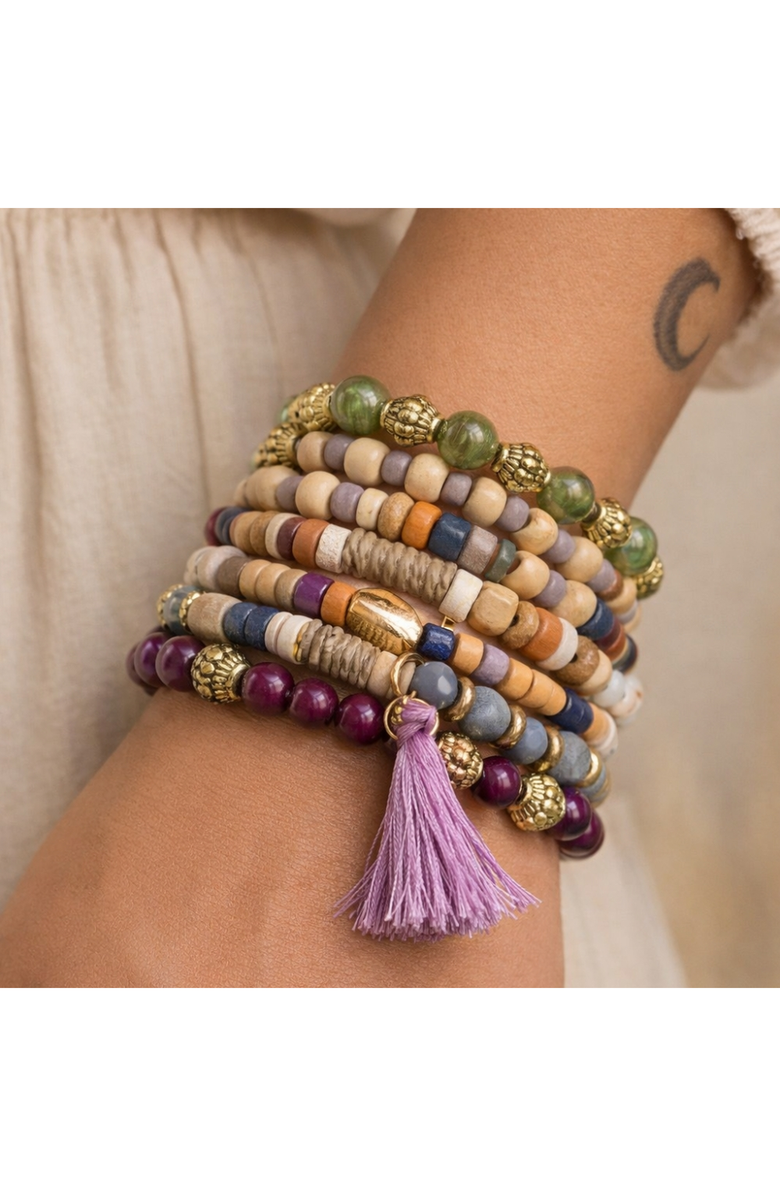 Humanist Beauty Abundance Stacking Bracelet Set, Alternate, color, Mauve / Green / Gold