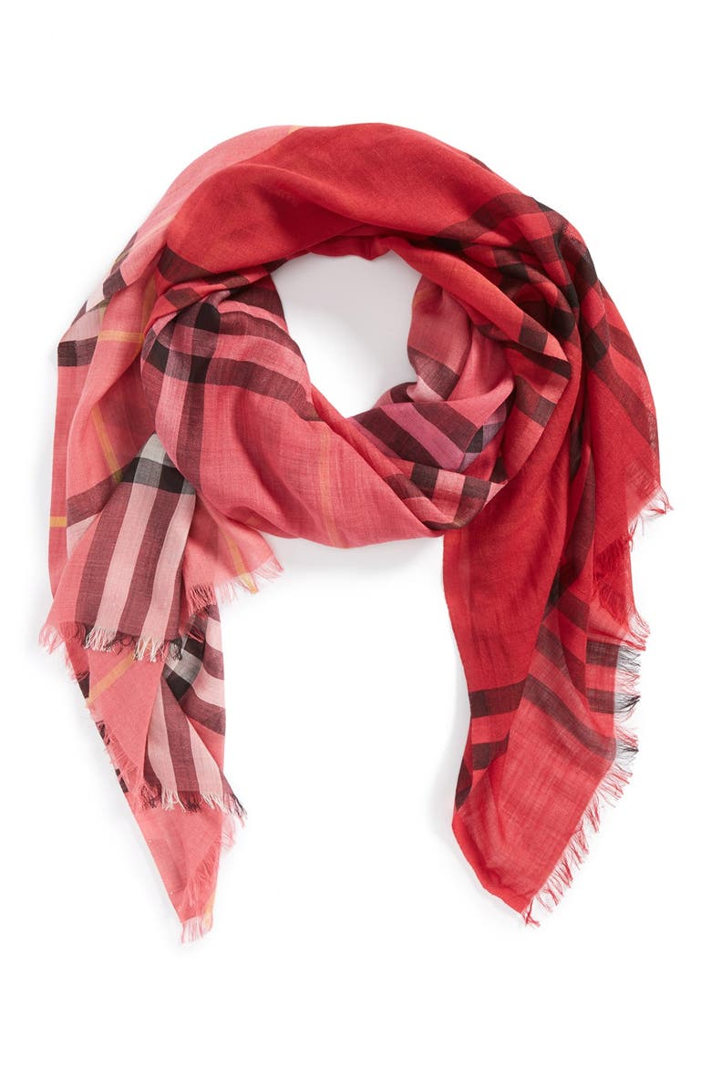 Ombré Check Wool & Silk Scarf, Main, color, CORAL PINK