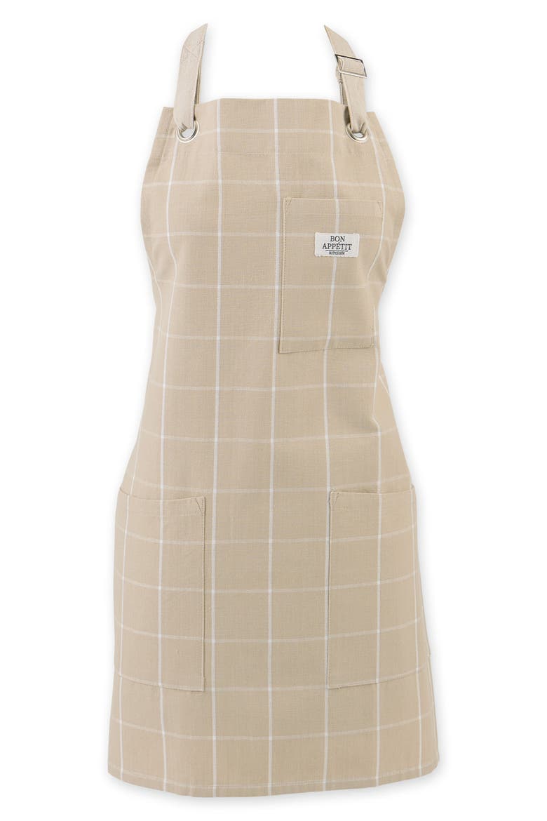 Windowpane Print Cotton Apron, Main, color, BEIGE