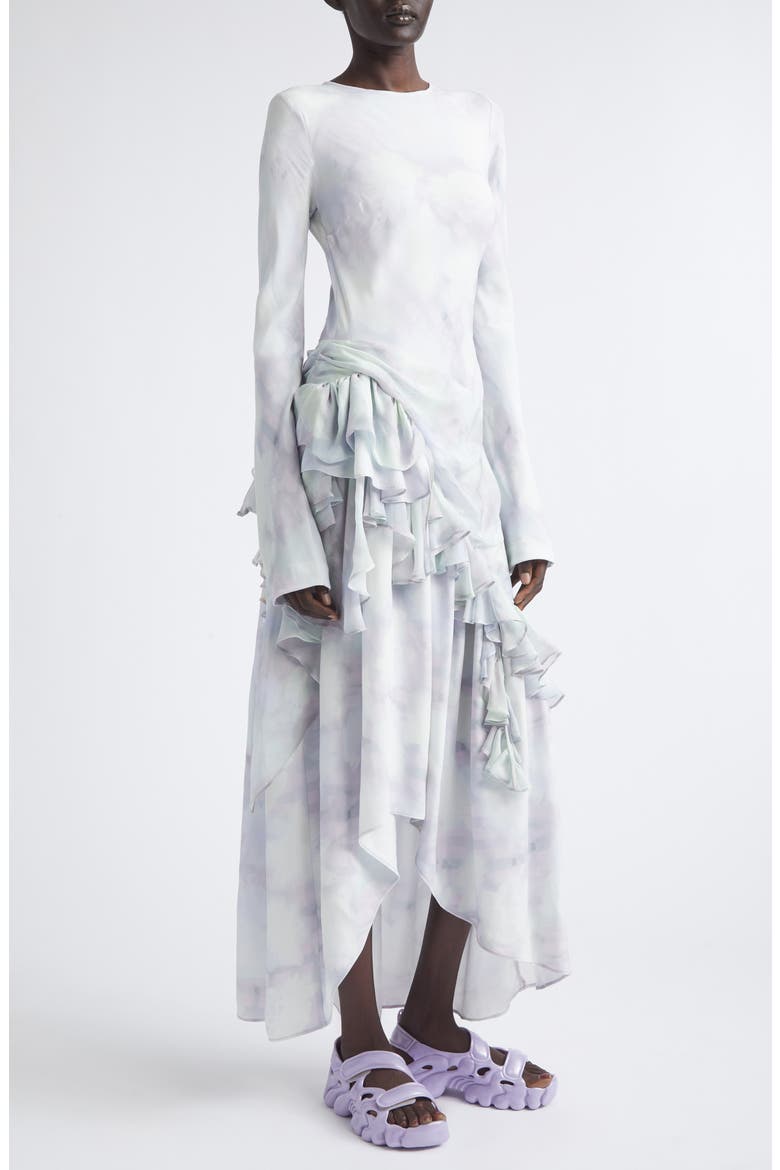 Athena Long Sleeve Ruffle Asymmetric Crepe Dress, Alternate, color, LILAC DAISY DREAM