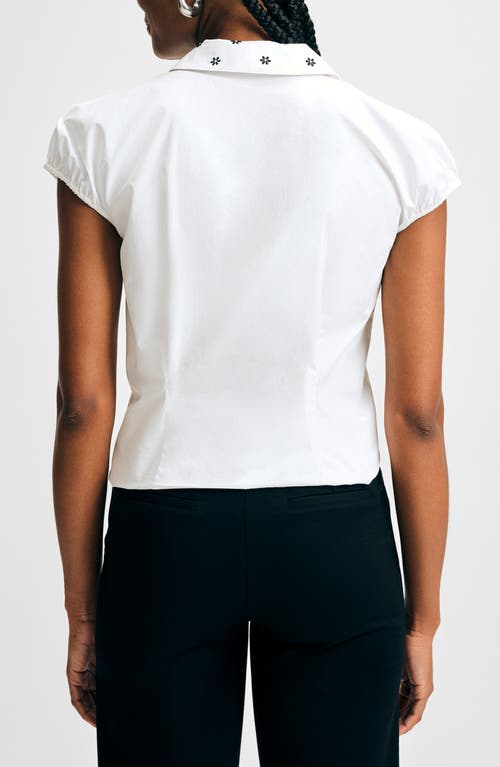 Isaac Mizrahi New York Embroidered Collar Cap Sleeve Button-up Shirt In White