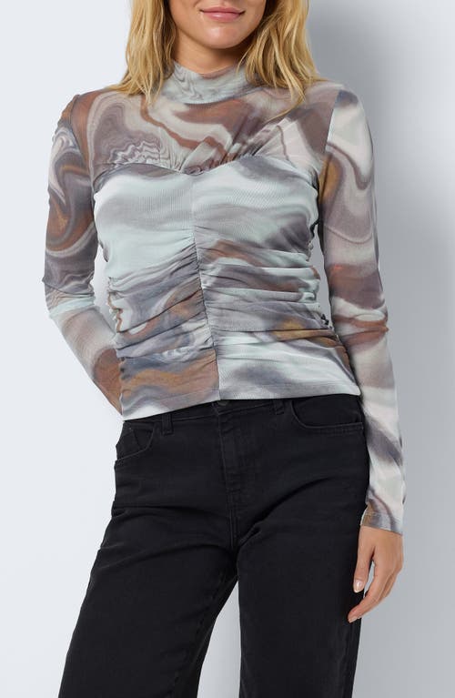 Noisy May Judith Ruched Mesh Top In Ghost Gray Aop Deser