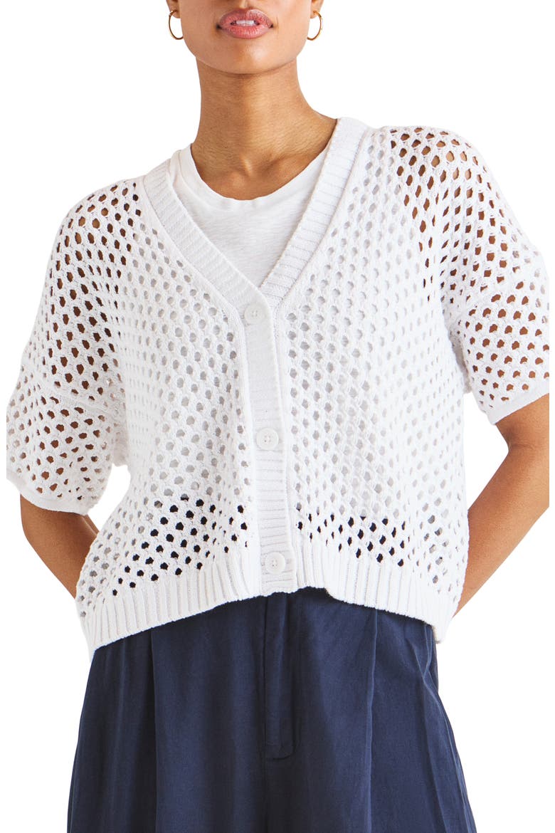 Nova Short Sleeve Cotton Pointelle Cardigan, Main, color, WHITE