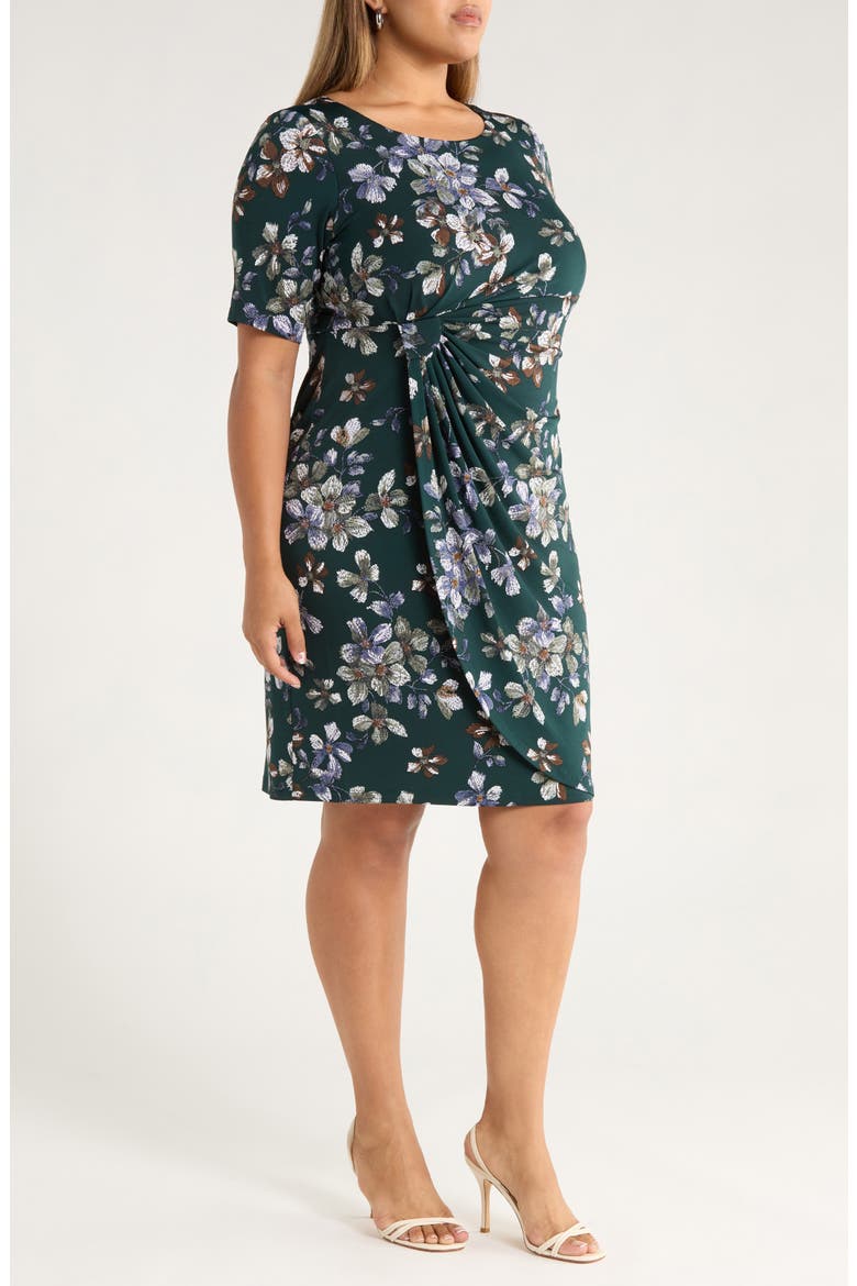 Floral Side Ruched Knit Dress, Alternate, color, HUNTER