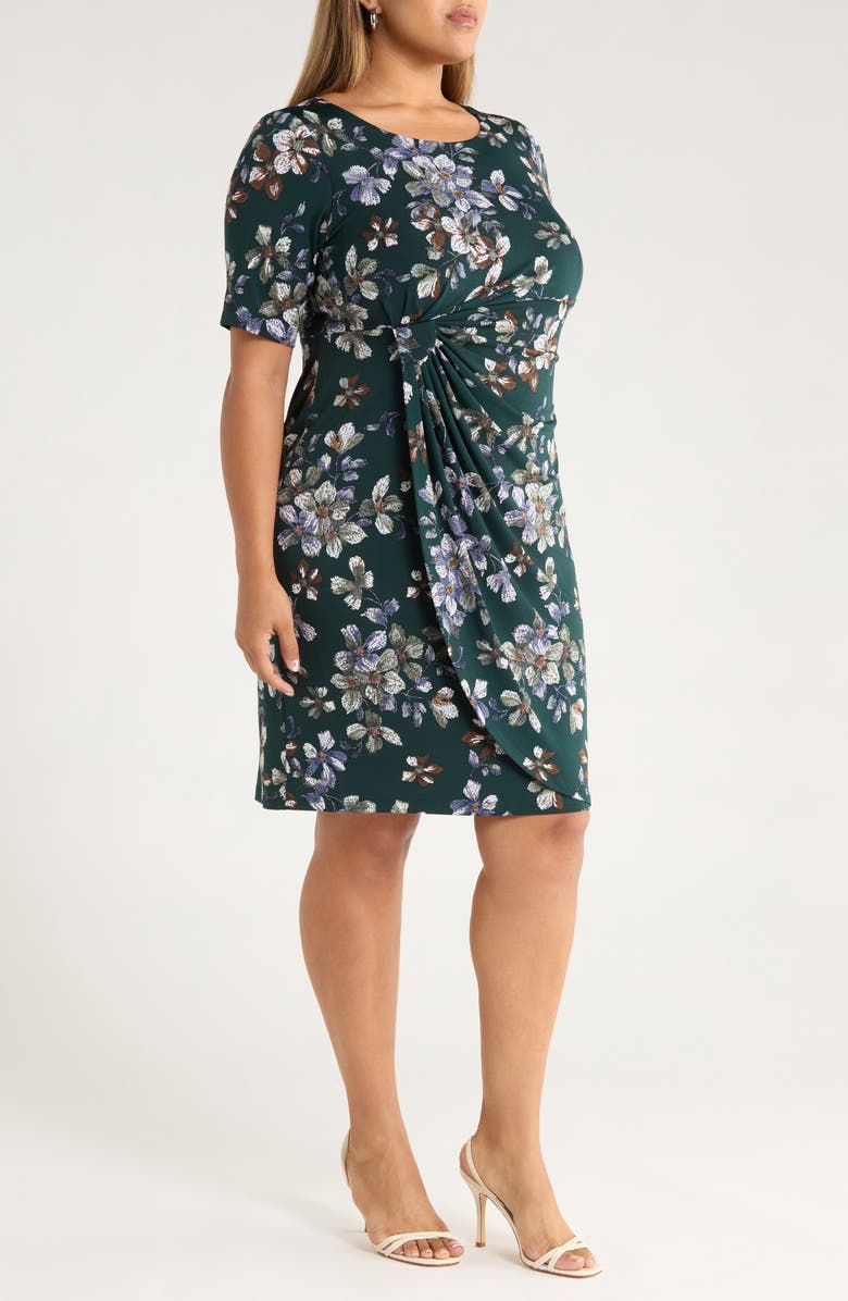 Connected Apparel Floral Side Ruched Knit Dress, Alternate, color, Hunter