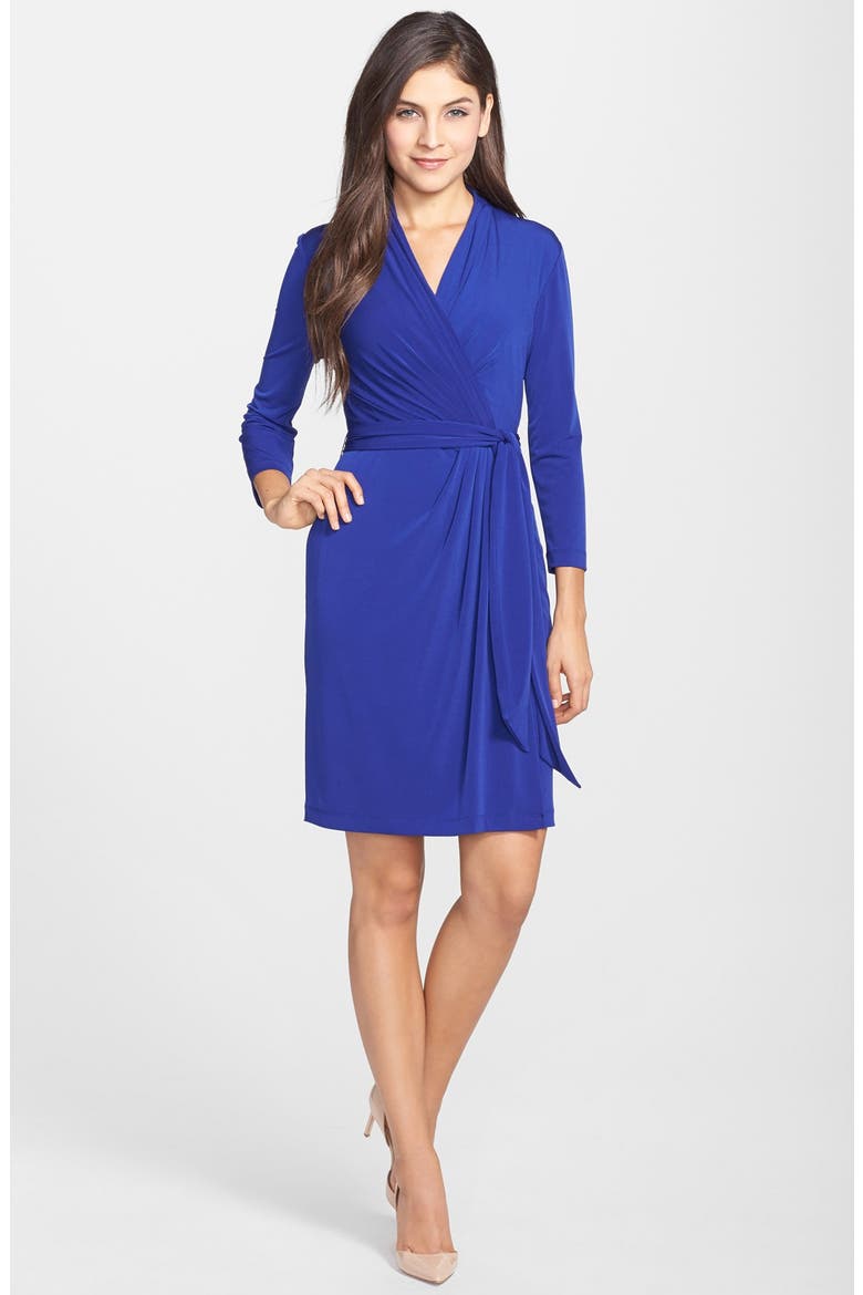 Long Sleeve Faux Wrap Jersey Dress, Alternate, color, COBALT