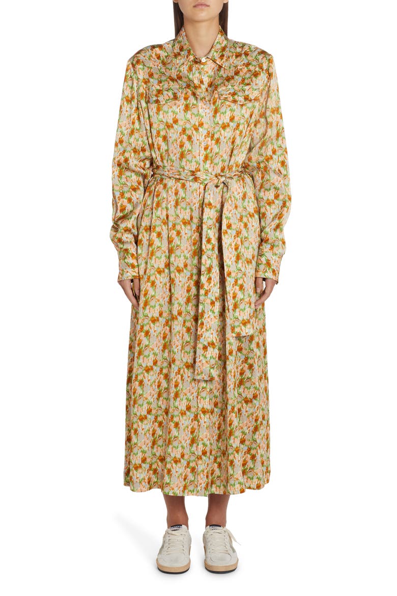 Floral Print Belted Long Sleeve Crepe Shirtdress, Main, color, GREEN ESSENCE/ PINK FLOWER