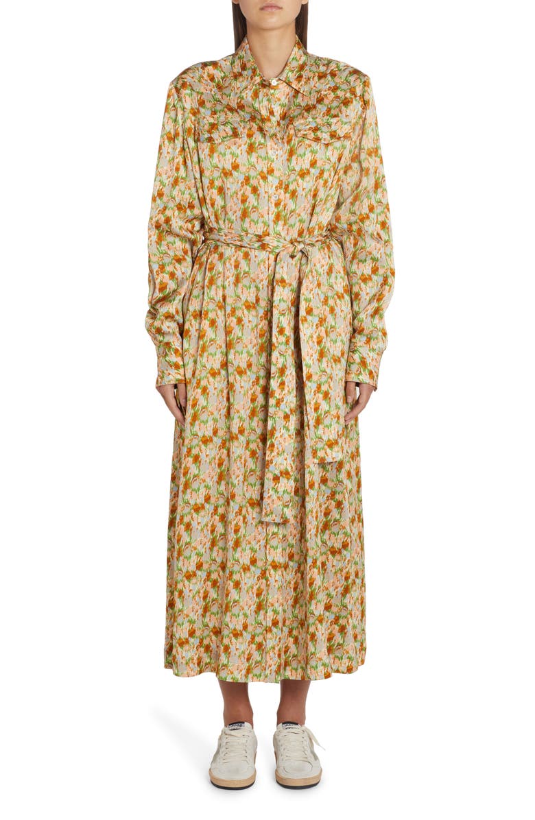 Golden Goose Floral Print Belted Long Sleeve Crepe Shirtdress, Main, color, Green Essence/ Pink Flower